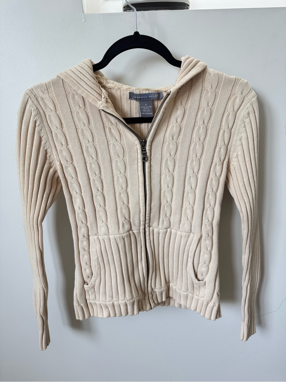 Cream Cable-Knit Zip Hoodie Cardigan